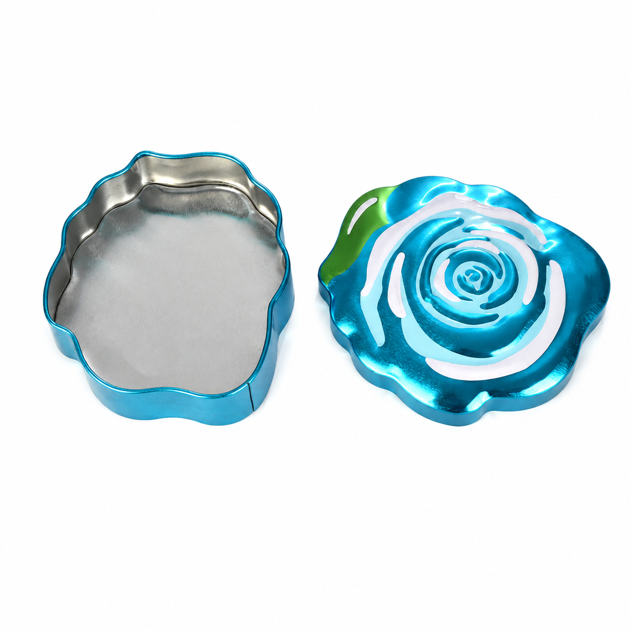 Rose shaped chocolate tin showing lid and body structure