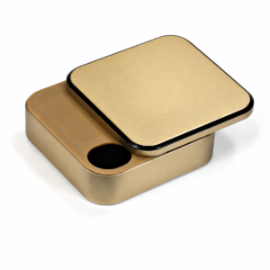 Sliding lid coffee candy tin with circular finger opening