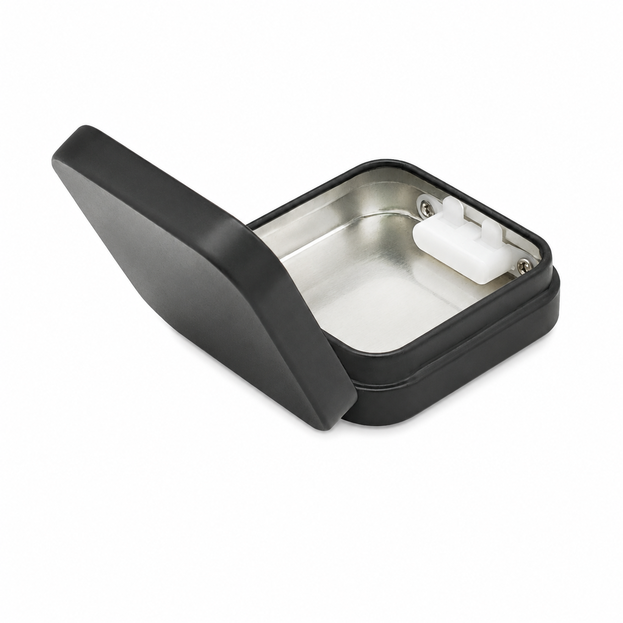 Small CR tin box showing hinged lid and internal locking mechanism