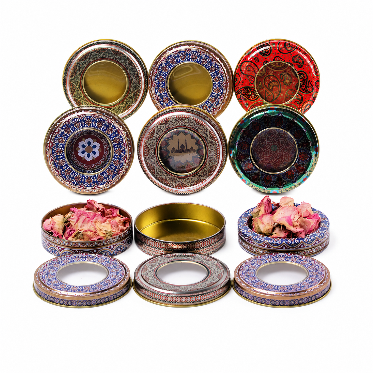 Small round saffron tin boxes displayed open and closed