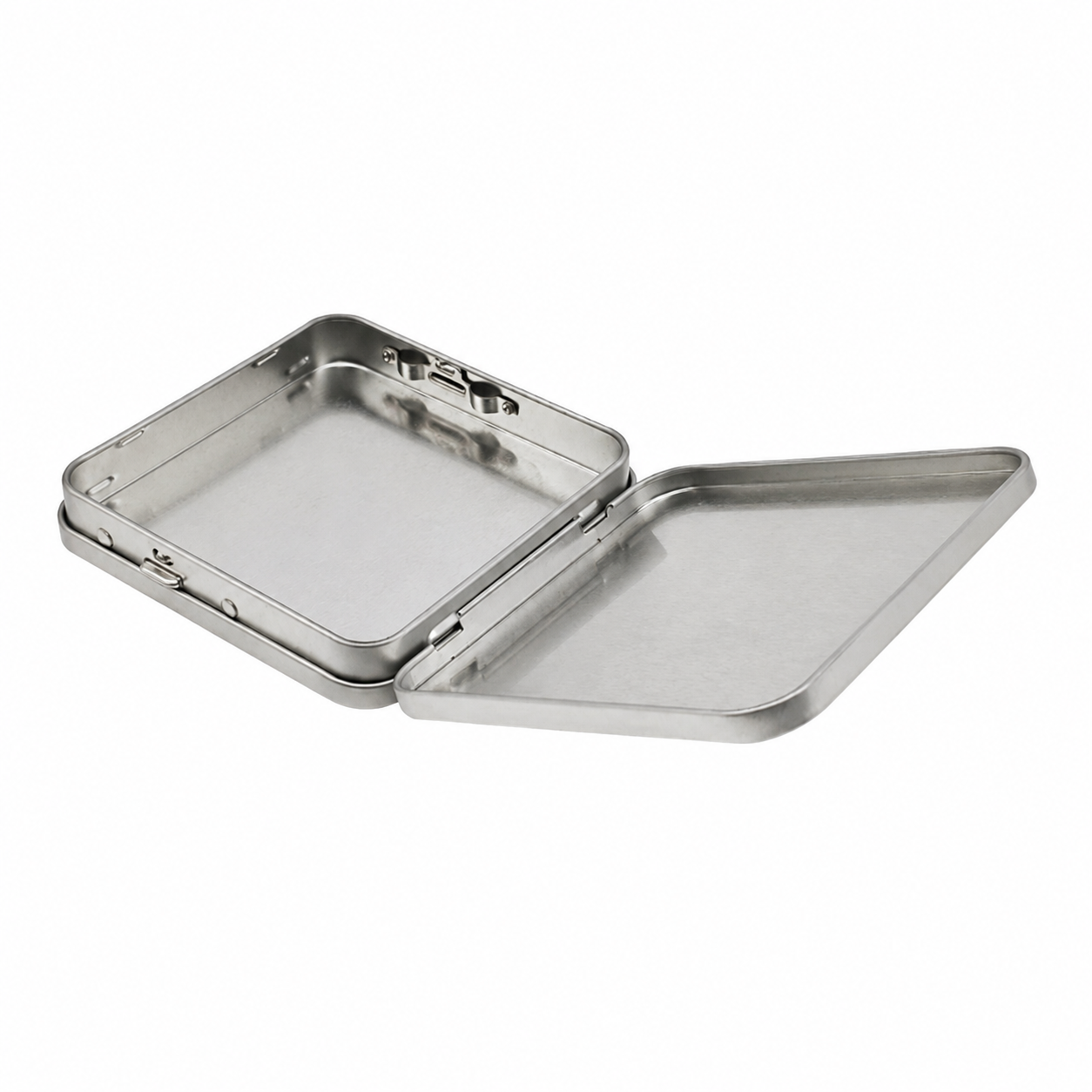 Square child-resistant button-lock tin showing interior locking mechanism