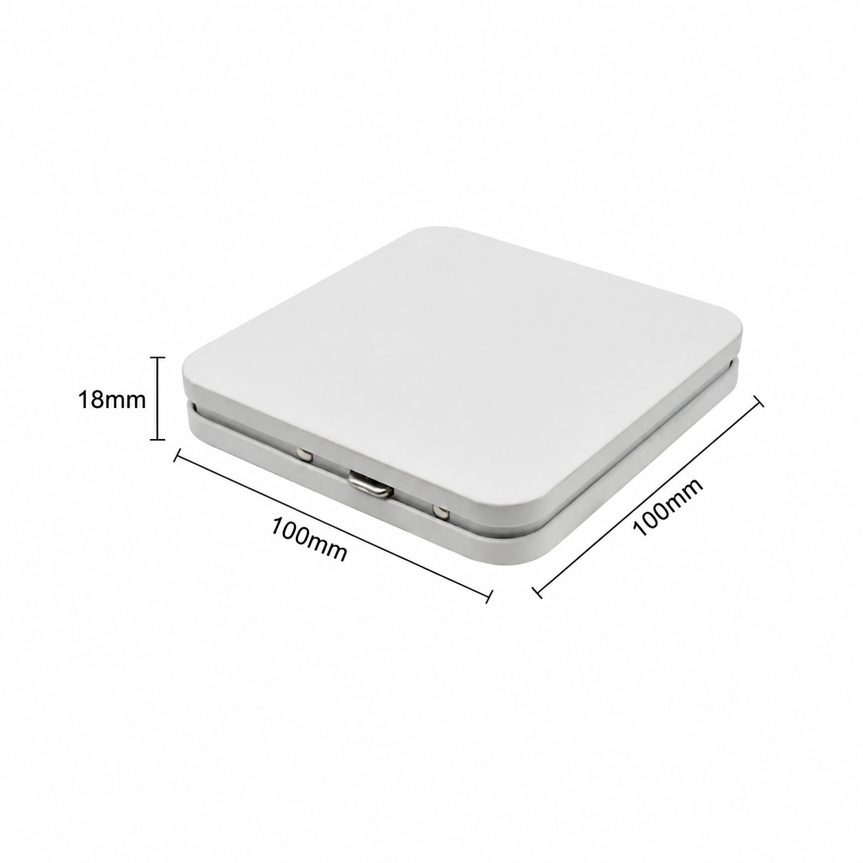 Square child-resistant tin box measuring 100 × 100 × H18 mm