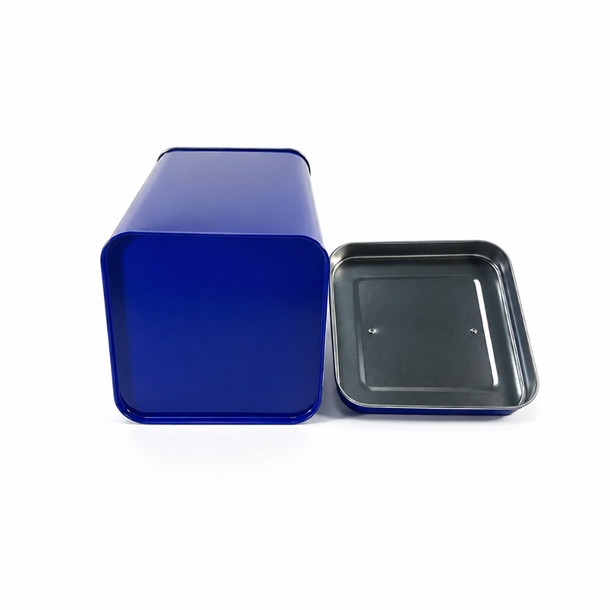 Square coffee tin with separate removable lid and handle detail