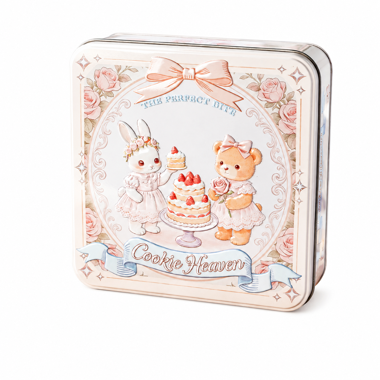 Square cookie tin box with custom 3D embossed lid